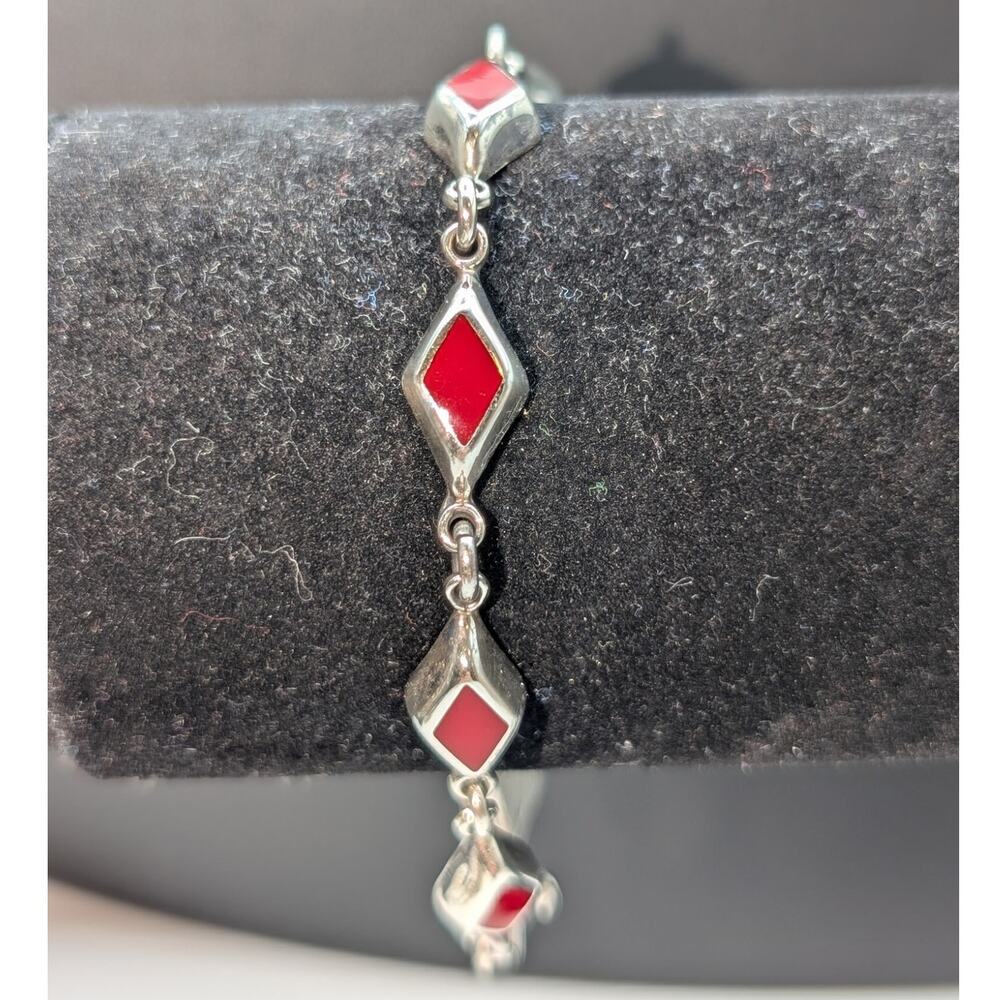925 Sterling Silver Mexico Red Coral Inlay Diamond Shape Link Box Clasp Bracelet